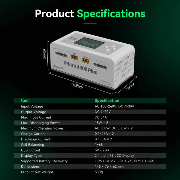GensAce Ladegeraet iMars D300 PLUS Dual Channel (EU) Weiss